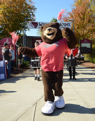 Bristaco the Bear waving tassels while leading the BSU marching band on campus