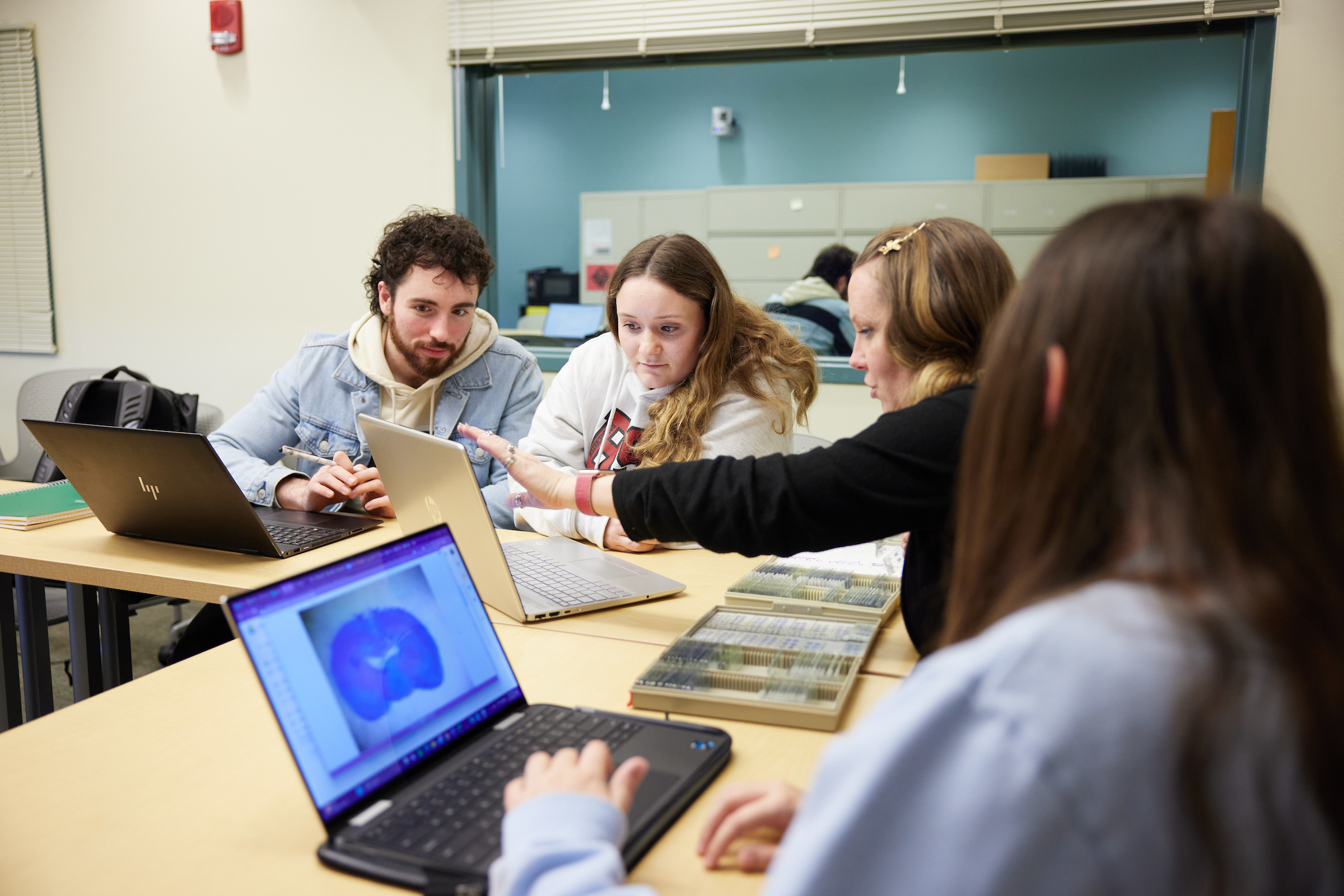 4 students working in the Psychology Lab looking