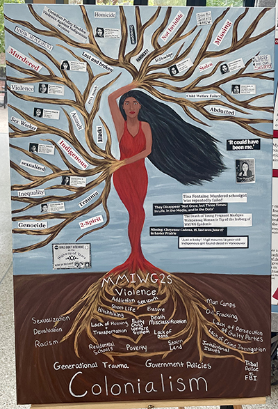 Painting showing a woman in a red dress whose limbs form the trunk and branches of a tree