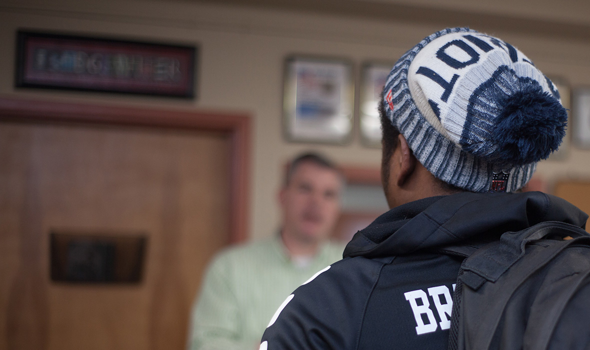 A veteran student entering the Veterans Center