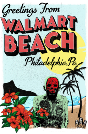 A red faced creature on a beach with flowers