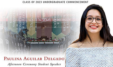 Graphic with a photo of Paulina Aguilar Delgado and text naming her the student commencement speaker.