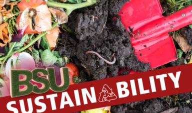 A red shovel digs into a pile of compost with BSU Sustainability over the top