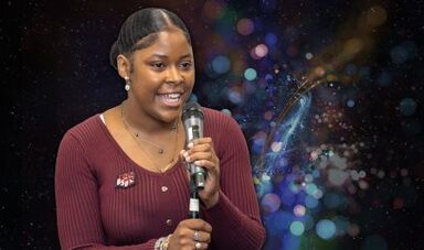 Graphic showing Evaneida Fortes in front of a background of stars and multicolored dots of light.