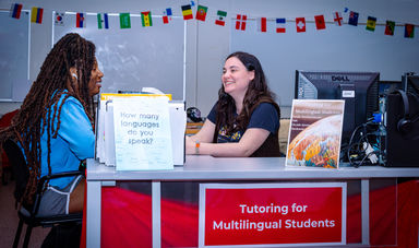 Two women sit at a desk and talk to each other