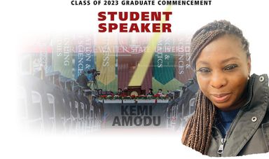 Kemi's face is in front of a graphic that reads student speaker