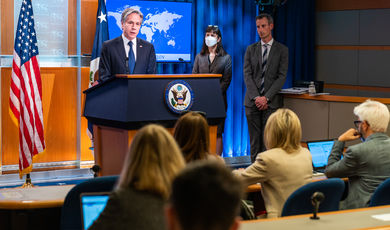 Secretary of State Antony J. Blinken delivers remarks to the press on the release of the 2021 Country Reports on Human Rights Practices at the U.S. Department of State in Washington, D.C., on April 12, 2022.