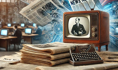 An image representing the Fourth Estate, with vintage newspapers and a television in a busy newsroom setting