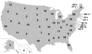 A map of the United States, showing the electoral votes allocated to each state