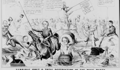Franklin Pierce (center) sits on his horse, holding aloft a banner bearing his and running mate William R. King's names. His troops rally around him--the party rank and file. Scott's forces are in chaos, routed into Salt River, the figurative stream of political disaster. Holding aloft a shredded banner, Scott (center) rides into the water with supporter William Seward holding tight to his horse's neck.