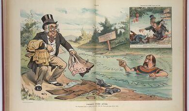 A man labeled &quot;Republican Party&quot; picking up the clothing of a man labeled &quot;Democratic Party&quot; swimming in the &quot;Democratic Issue Pond&quot; which is labeled &quot;Socialism, Bryanism, Populism, Free Silver, Anti-Expansion, [and] Jeffersonian Simplicity&quot;. In the upper right corner is an insert that shows a scene twenty years earlier, only this time it is a man labeled &quot;Democrat&quot; picking up the clothing of a &quot;Republican&quot; swimming in the &quot;Republican Corruption Water&quot;.