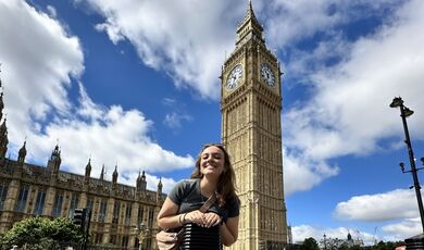 Danielle Johnson stands in front of Big Ben in London.