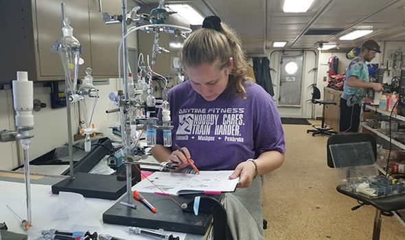 BSU students doing hot springs research inside a ship
