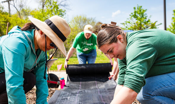 students and faculty working in the permaculture garden