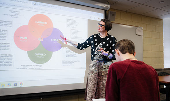 Dr. Melanie McNaughton discusses a presentation in front of the classroom