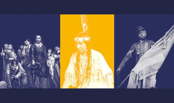 European colonists, a Native American woman, and a Black Civil War soldier