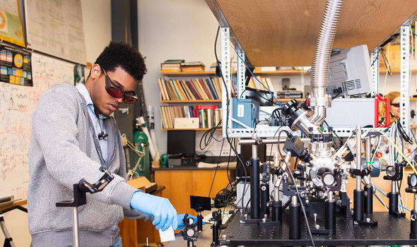 A student working with equipment in the BSU photonics lab