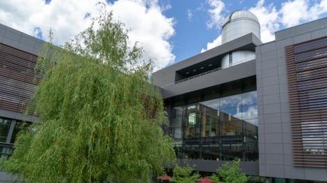 Exterior of the science and math center with an observatory dome on the top.