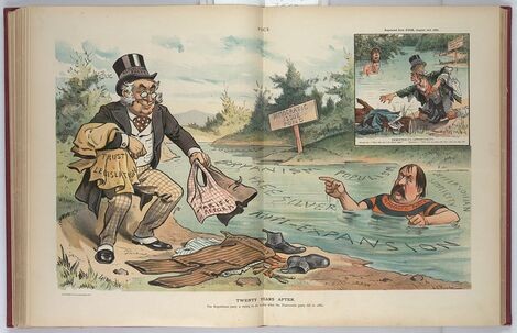 A man labeled "Republican Party" picking up the clothing of a man labeled "Democratic Party" swimming in the "Democratic Issue Pond" which is labeled "Socialism, Bryanism, Populism, Free Silver, Anti-Expansion, [and] Jeffersonian Simplicity". In the upper right corner is an insert that shows a scene twenty years earlier, only this time it is a man labeled "Democrat" picking up the clothing of a "Republican" swimming in the "Republican Corruption Water".