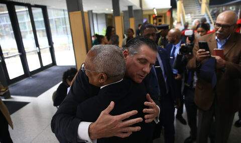 Prime Minister of Cabo Verde and President of Bridgewater State University embrace