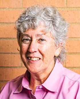 headshot photo of Linda Gabruk with short wavy gray hair wearing a pink button down shirt